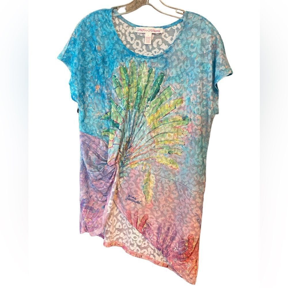 Leoma Lovegrove Sz M Blue Florida Travelers Palm Tree Shirt Sleeve Summer TShirt